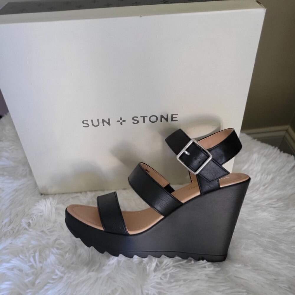 Sun + Stone Black Wedge Siennaa Sandals With Adjustable Straps- 8M